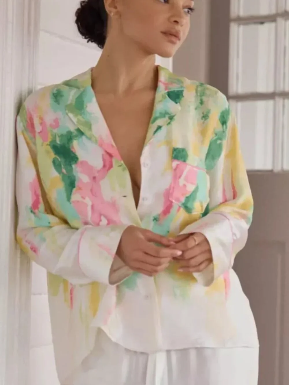 Anthropologie Lyrebird Oversized Pajama PJ Shirt Top in LB Silky Abstract M NWT